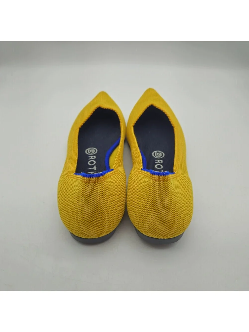 Rothys Ladies 7.5 Point Marigold Yellow Blue Heel Accent Mesh Upper Slip On NEW